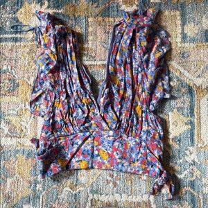 Red and Blue Smocked Tie Front Sleeveless Blouse